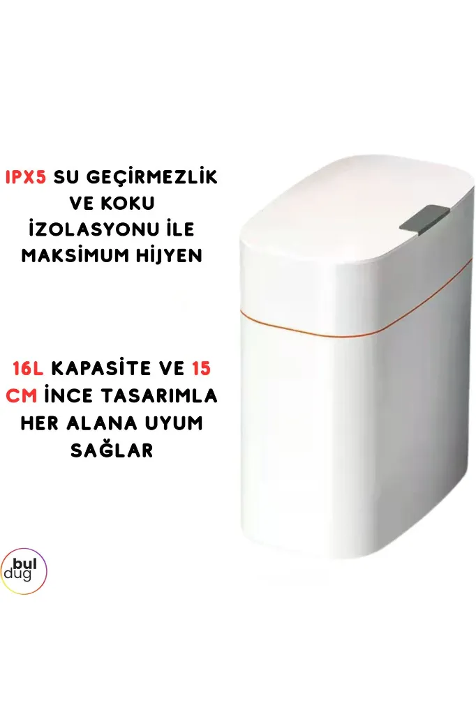 Akıllı Sensörlü Otomatik Çöp Kovası – 16L – 15 cm Dar Alan Tasarım – IPX5 Su Geçirmez