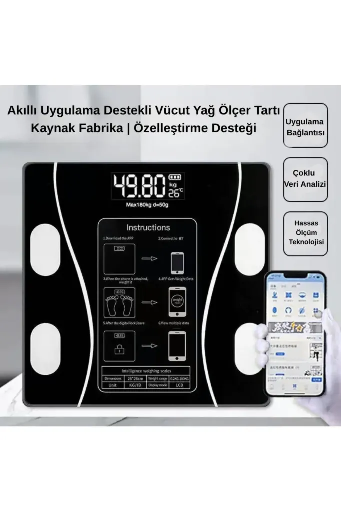  Bluetooth App Bağlantılı Akıllı Vücut Analiz Tartısı – USB Şarjlı Dijital Baskül