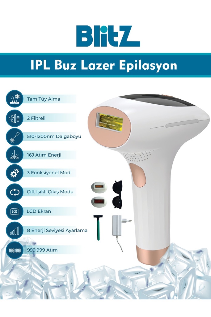 IPL Buz Lazer Epilasyon 999.999 Atım Otomatik / Manuel Led Ekran Ağrısız Vucüt Yüz Cihazı
