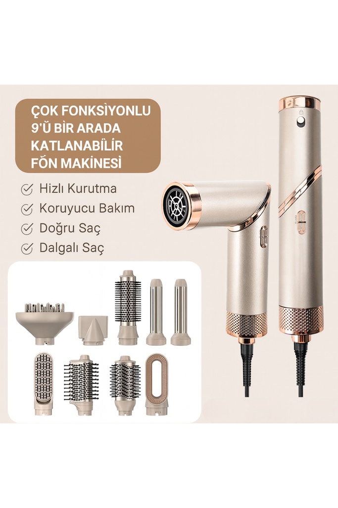9’u 1 Arada Hızlı Kurutma ve Şekillendirme Saç Kurutma Makinesi – 1600W Fön ve Maşa Başlıkları