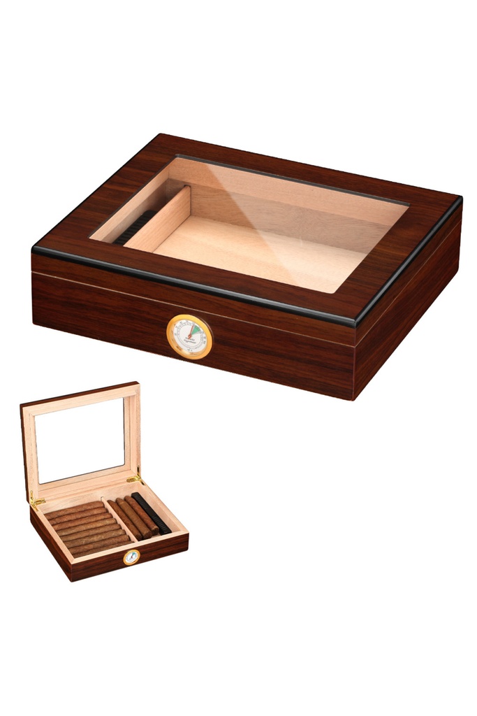 Ahşap Puro Humidor Kutusu Kahverengi – Cam Kapaklı, Higrometre ve Nemlendirici Dahil