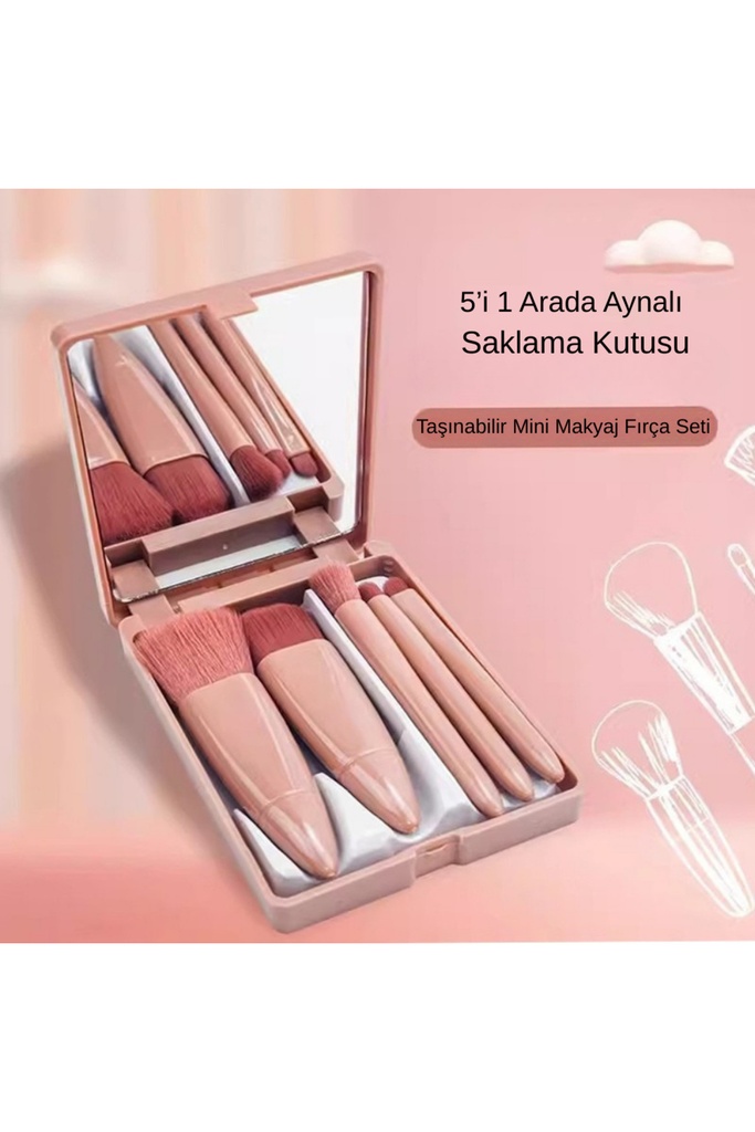 Aynalı Kutulu 5’li Makyaj Fırça Seti Taşınabilir Mini Fondöten Far Dudak Fırçası