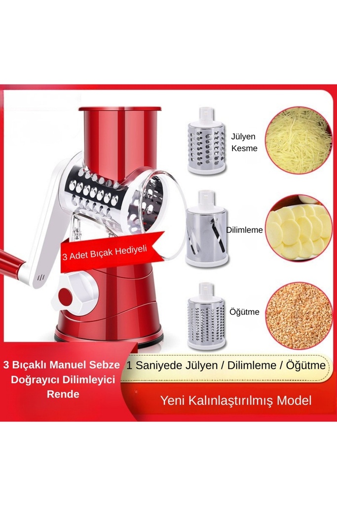 3 Bıçaklı Manuel Sebze Doğrayıcı Dilimleyici Rende – Kalın İnce Kesim ve Öğütme Çok Amaçlı