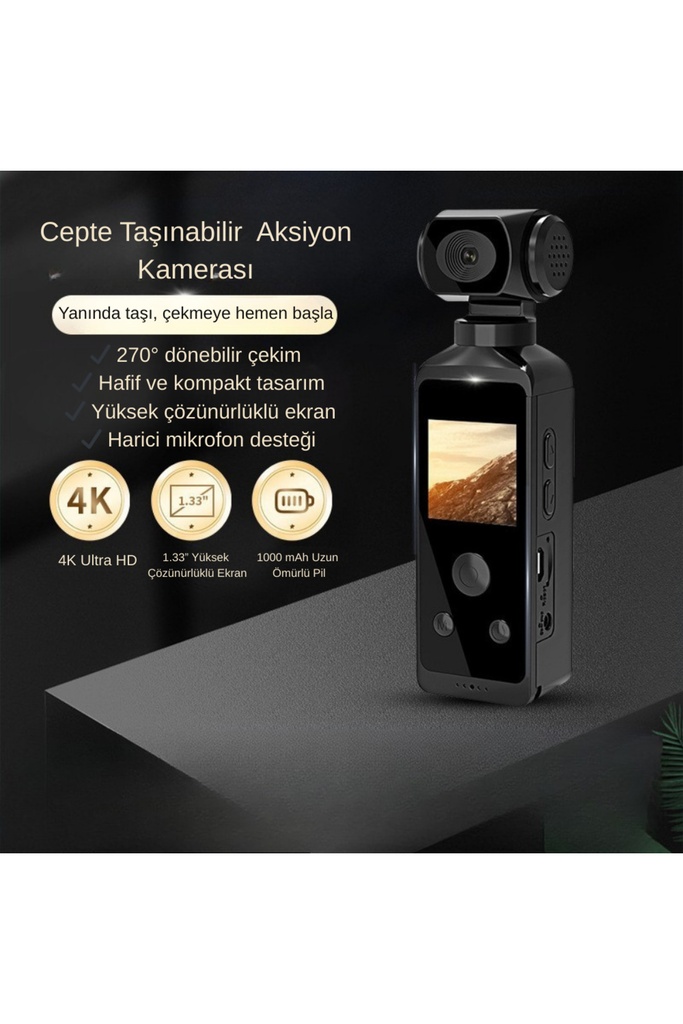 270° Döner Başlıklı 4K Ultra HD Taşınabilir Aksiyon Kamerası | Mikrofon ve Klips Aparatlı