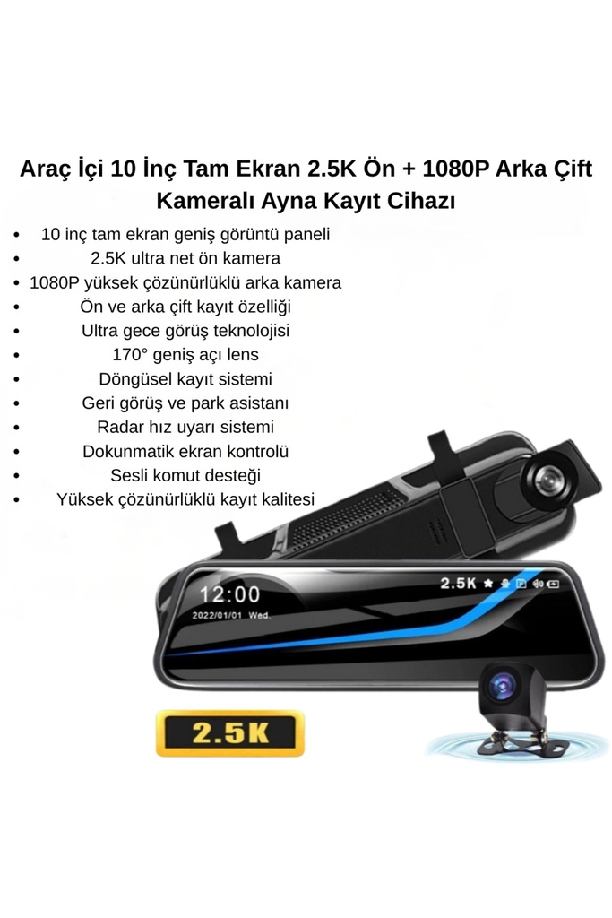 9.66 İnç Dokunmatik Ayna Tip Araç Kamerası 2.5K Ön 1080P Arka Çift Kamera