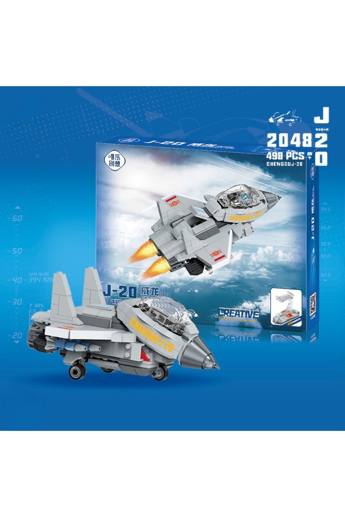 Mini Blok Uçak J-20 Chengdu – 498 Parça, Standlı, 14×10.5×7 cm