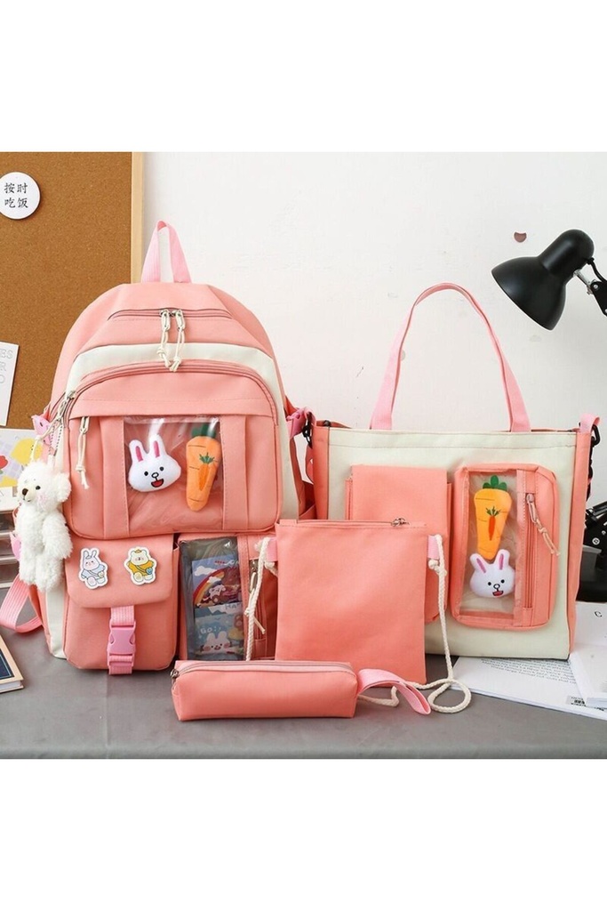 4’lü Şeffaf Cepli Okul Çanta Seti (Sırt+Omuz(Tote)+Kalemlik+Mini Çapraz)–44 cm- Siyah/Mor/Pembe/Mavi