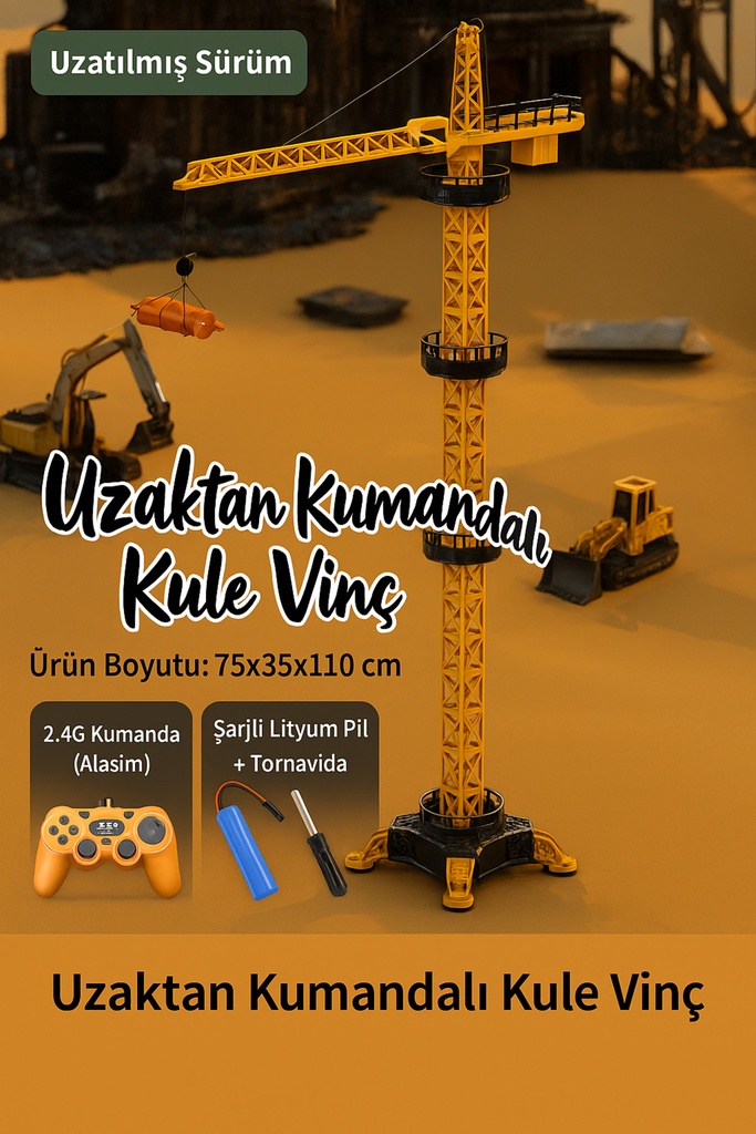 RC Kumandalı Kule Vinç Oyuncak – 110 cm, Işıklı, 2.4GHz, Şarjlı Metal Kancalı