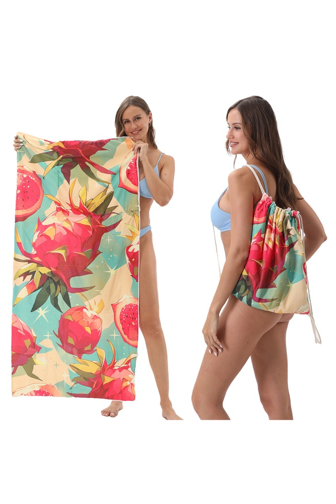 Mikrofiber Plaj Havlusu ve Çanta 2'si 1 Arada | Sırt Çantalı Havlu 140x70cm - Renkli Desenler (sarı)