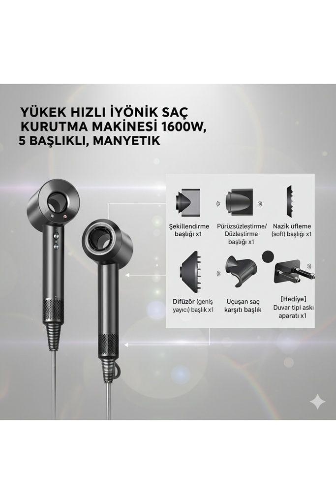 Yüksek Hızlı İyonik Saç Kurutma Makinesi 1600W, 5 Başlıklı, Manyetik – 3 Renk (Uzay Grisi)
