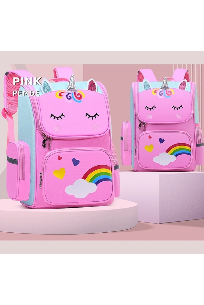 Çocuk Okul Çantası 41×27×14 cm – Ortopedik Sırt, Çok Bölmeli, Su İtici Kumaş (Unicorn & Monster) (Pembe)