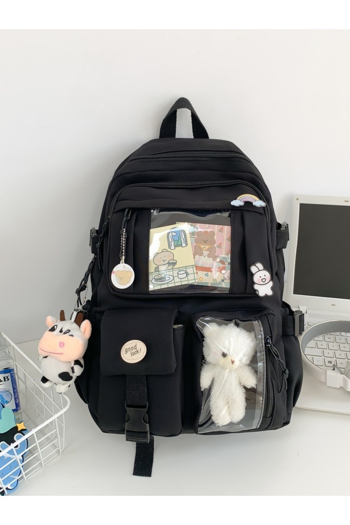 Peluş Ayılı Şeffaf Cepli Sırt Çantası | Lila, Pembe, Siyah, Yeşil, Krem (Siyah)